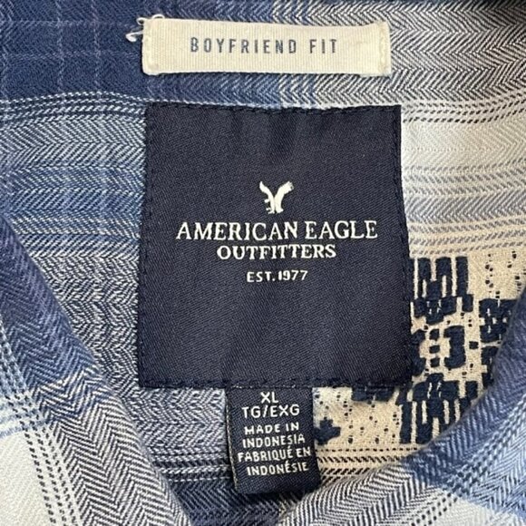AMERICAN EAGLE Pearl Snap Boyfriend Fit Blue Plaid Shirt - Size XL - Picture 5 of 7